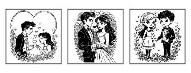 Obraz premium Set of 3 Printable minimalist illustration. Black and white graphics. Happy Valentine's Day greeting card design. Generated by Ai