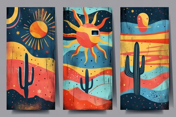 Featuring a three southwestern style banners with a sun and desert cactus