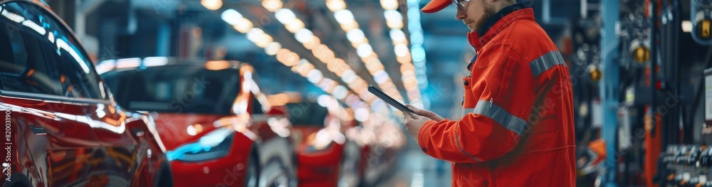 Poster an automotive engineer in a hightech uniform conducts advanced vehicle inspections at a cuttingedge 