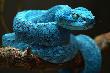 Illustration of  blue snake curled up on a branch with dark background - Powered by Adobe