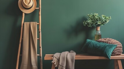 Pillow and blanket on bench in green apartment interior with plant pouf and hat on ladder Real photo : Generative AI