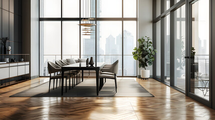 This image showcases a stylish modern dining room with floor-to-ceiling windows offering a panoramic view of the city skyline