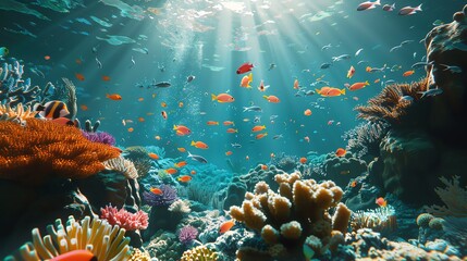 Naklejka premium Coral reef underwater, vibrant fish and corals, clear turquoise water, sunlight piercing through, closeup view, dynamic and colorful