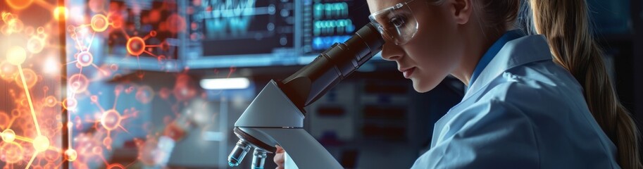 In a modern laboratory, a scientist in a lab coat conducts cuttingedge research using a microscope...