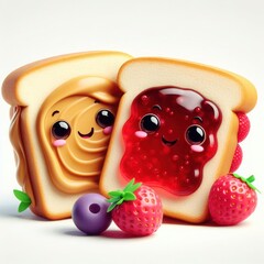 Cute smiling cartoon faces of Peanut butter and jelly sandwich against a white backdrop