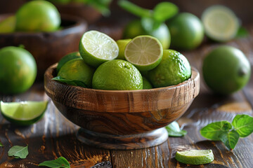 Freshly Cut Limes in Wooden Bowl on Rustic Table with Green Leaves