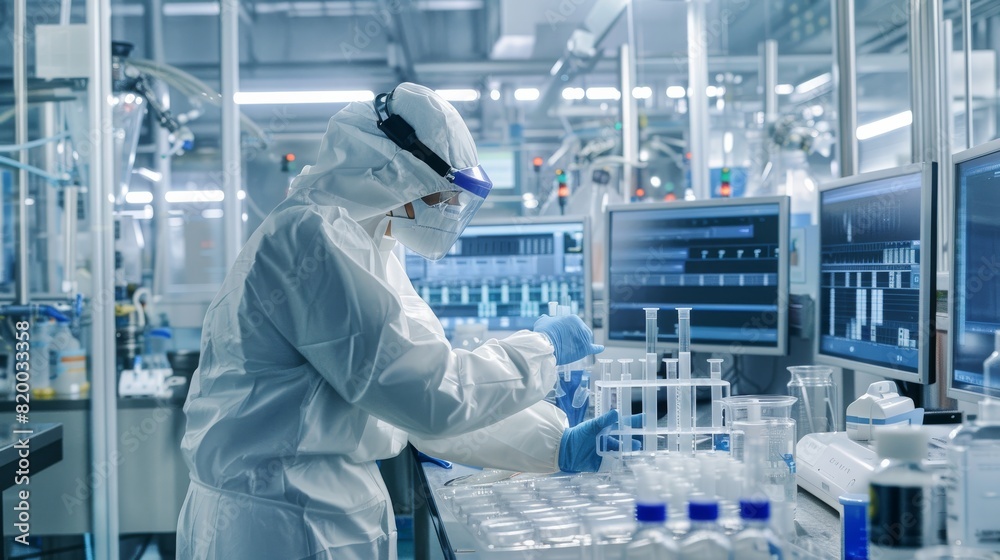 Aufkleber A scientist is seen conducting research in a hightech laboratory while wearing protective gear. The scientist is deep in work surrounded by data, computer screens, and various lab equipment