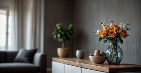  Stylish details of interior decor on a blurred background copy space