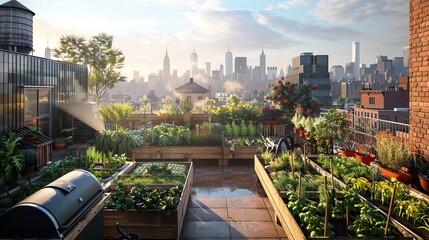 Fototapeta premium An urban rooftop garden with raised beds full of vegetables, city skyline in the background, a person watering plants Early morning light, wideangle shot