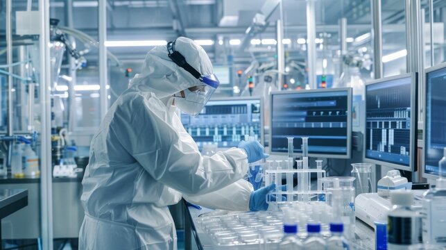 A scientist is seen conducting research in a hightech laboratory while wearing protective gear. The scientist is deep in work surrounded by data, computer screens, and various lab equipment