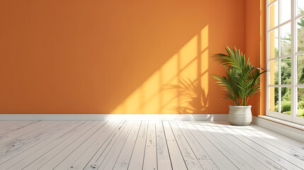 A minimalistic interior design with bright orange walls, white floor, and natural sunlight casting shadows
