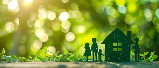 Eco-friendly concept with a paper cutout of a family and house surrounded by greenery under a sunlit bokeh background