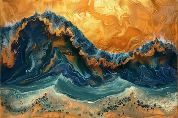 Digital artwork of  painting of ocean with golden, blue and brown paint