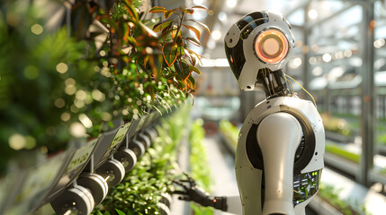 Futuristic agriculture image showing a robot examining plants in an automated glass greenhouse
