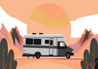 A white and gray camper van is driving down a road in front of a sunset