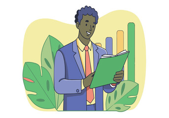 A man in a suit is reading a book