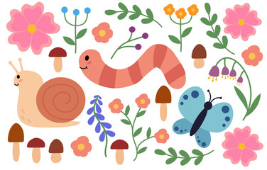 Cute and cozy set of snail, worm, butterfly, mushrooms and flowers. Children clip art. Spring or summer flora and fauna. Vector flat illustration.