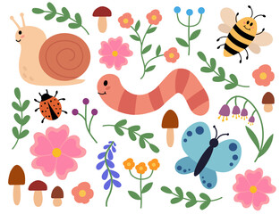 Cute and cozy set of snail, worm, butterfly, bee, ladybug, mushrooms and flowers. Children clip art. Spring or summer flora and fauna. Vector flat illustration.