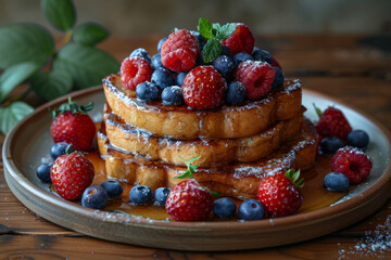 Delicious Stack of French Toast with Fresh Berries and Mint Garnish