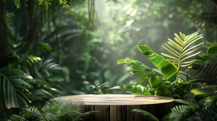 Wooden product display podium in jungle forest background. Product presentation theme. Nature and...