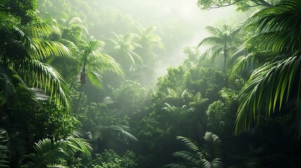 Naklejka premium Dense jungle foliage, morning mist, wide shot, lush greens