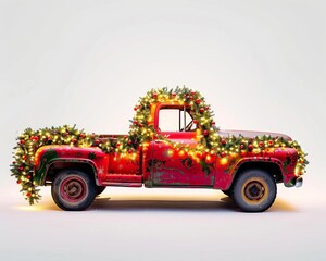 Bring the holiday spirit to life with a visually stunning clipart of a pickup truck adorned with an array of twinkling Christmas lights and a lush