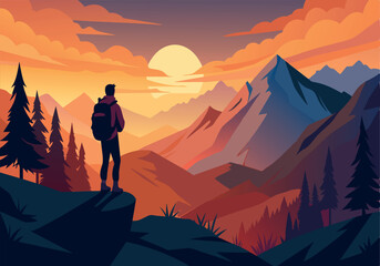 Fototapeta premium A man is standing on a mountain top, looking out at the sunset
