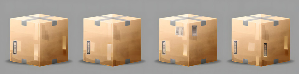 A set of four cardboard shipping boxes with barcodes and labels, displayed in a row on a gray background