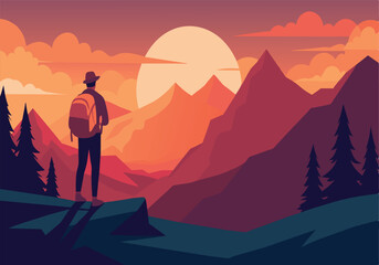 A man is standing on a mountain top with a backpack