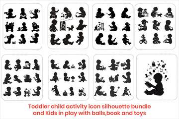 Toddler child activity icon silhouette bundle and Kids in play with balls, book and toys