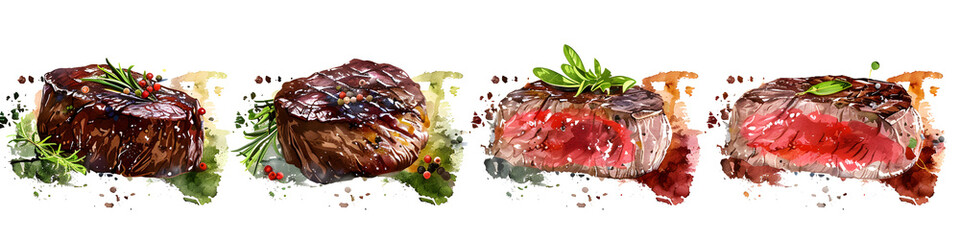 Another collection of watercolor steak dishes decorated with various herbs like rosemary, looks succulent and artistically rendered