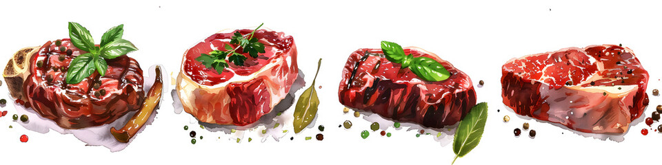 The image features a series of four watercolor steak dishes garnished with herbs like basil and spices, artistic and appetizing
