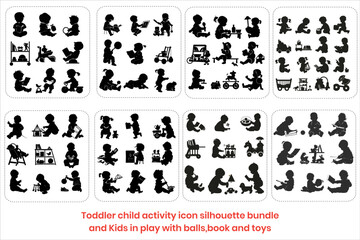 Toddler child activity icon silhouette bundle and Kids in play with balls, book and toys