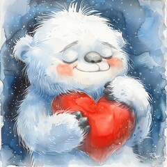 Craft a captivating watercolor image of a cute yeti cuddling a heart-shaped pillow