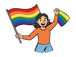 LGBTQ woman celebrate with Pride Rainbow flag on white background. PRIDE month.