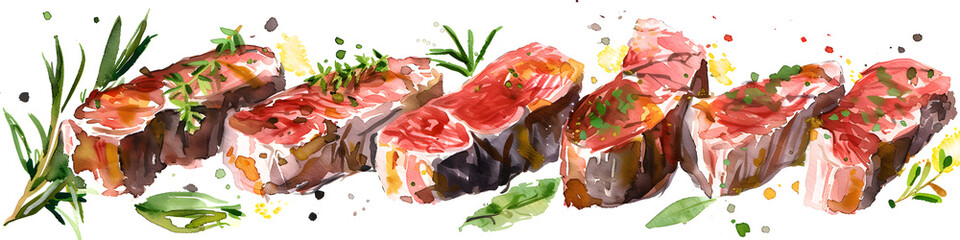 Artistic watercolor image featuring a sequence of sushi rolls and fresh green garnishing