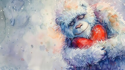 Capture the whimsical essence of a friendly yeti embracing a plush heart pillow in your watercolor artwork Focus on intricate details like the yetis fur texture and a soft