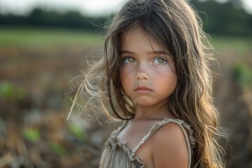 Digital artwork of photograph of a little girl standing in a field, high quality, high resolution