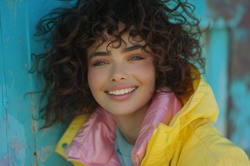 Digital artwork of  beautiful happy curly haired young woman wearing a yellow jacket and pink jacket smiling