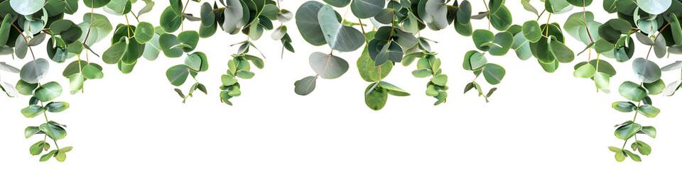 A serene image showcasing an array of eucalyptus branches hanging against a pure white background, depicting freshness and tranquility