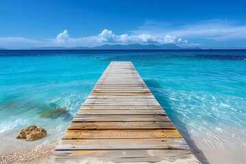 A wooden pier on a beach leading into the blue water