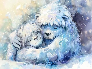 Illustrate a serene moment between a lovable yeti and a fluffy heart pillow in a charming watercolor style Emphasize the tender expression on the yetis face and the soft