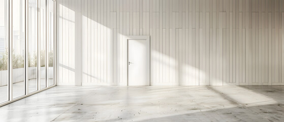 An open and bright modern white room with large windows allowing natural sunlight to cast shadows on the floor