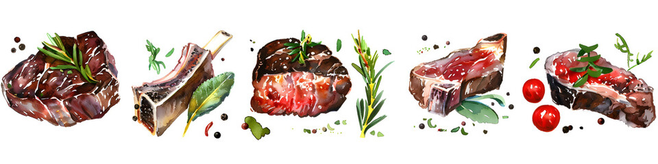 A creative set of watercolor illustrations featuring various cuts of steak, artistically splattered with herbs and spices