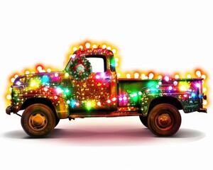 Bring the holiday spirit to life with a visually stunning clipart of a pickup truck adorned with an array of twinkling Christmas lights and a lush