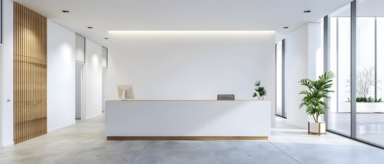 A clean and spacious lobby featuring a minimalist reception area with wooden accents and a white desk