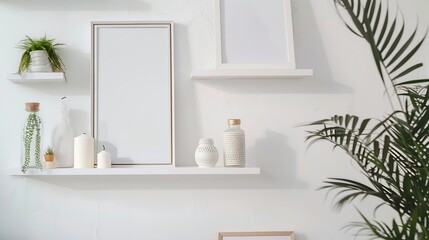 Aesthetic modern minimalist Scandinavian home interior decorations Elegant bohemian living room with white wall shelves with candle picture frame storage box bottle vase fragrance : Generative AI