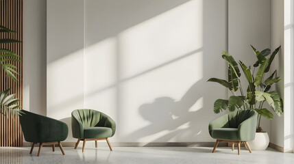 Serene minimalist space with large windows casting geometric shadows and vibrant green armchairs