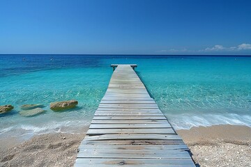 A wooden pier on a beach leading into the blue water