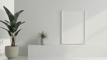 Blank empty picture frame mockup on white wall Artwork in interior design Modern boho style interior with poster template : Generative AI